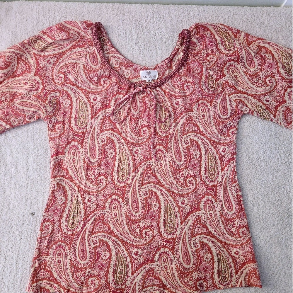 Anokhi Womens Pink Paisley Cotton Block Print Boho Indie Peasant Top Size Med